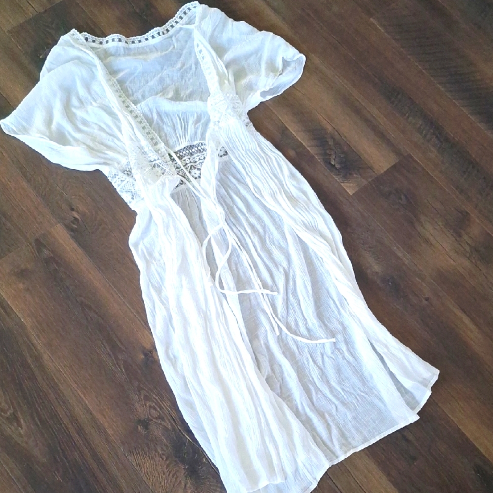 White Lace Trim Cover Up with Short Sleeves and Double Waist Ties